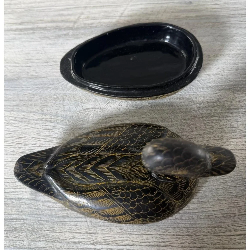 Vtg Duck Etched Lacquerware Trinket Box Container Hand Painted Thailand 5